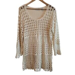 Le Moda Crochet Sweater Womens XL Beige Knit Boho Tunic Fairy Sheer Soft